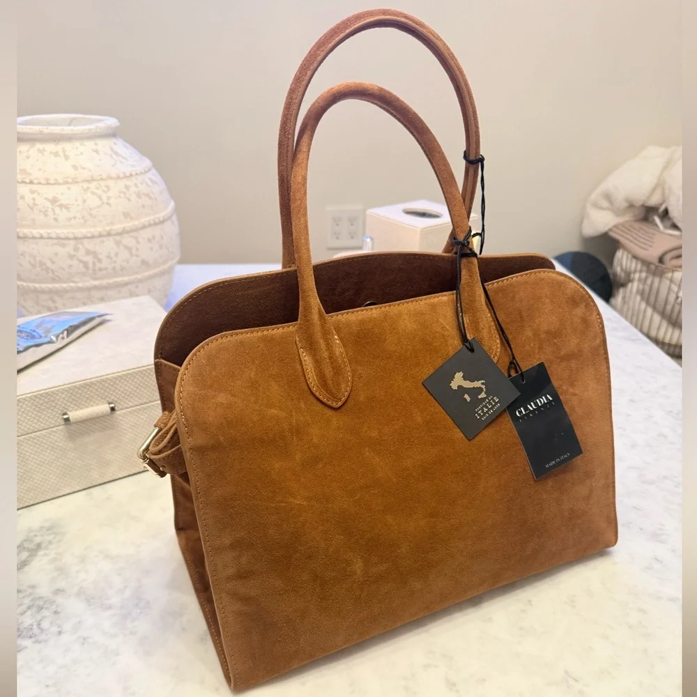 VIRAL CLAUDIA FIRENZE COGNAC SUEDE LEATHER TOTE SATCHEL BAG NWT - Picture 1 of 16